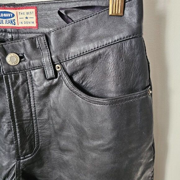 EUC AMAZING VINTAGE OLD NAVY BLUE JEANS GENUINE LEATHER STRAIGHT PANTS SIZE 4 - Picture 11 of 16